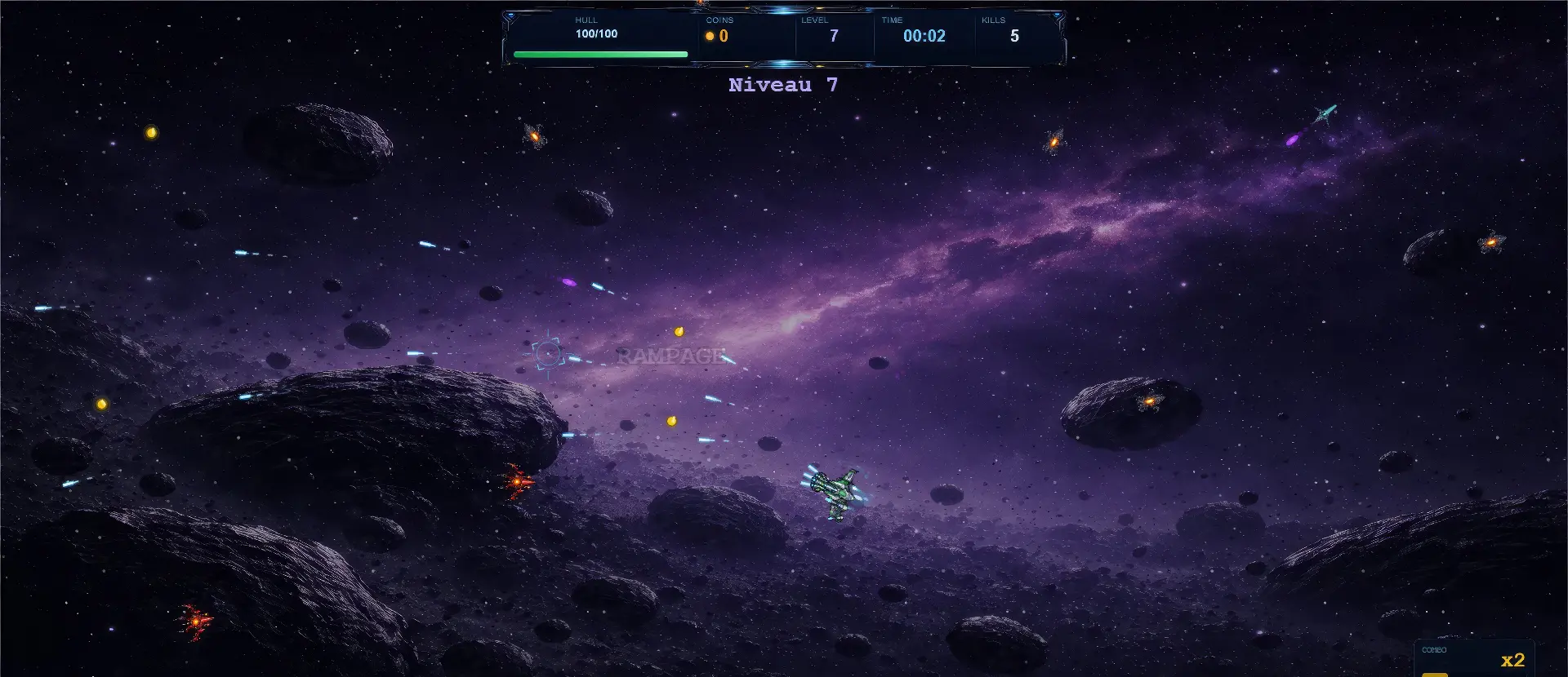 Void Survivors — gameplay niveau 7, vaisseau spatial en combat